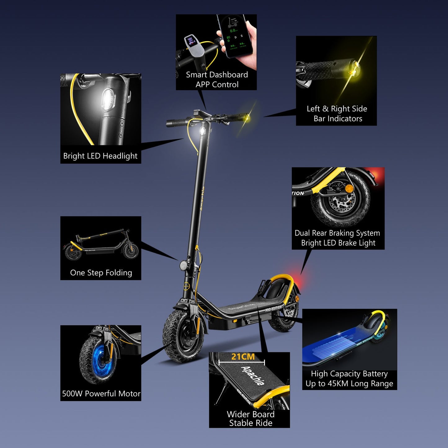 Apachie 500W Pro Edition Adult Electric Scooter - YELLOW